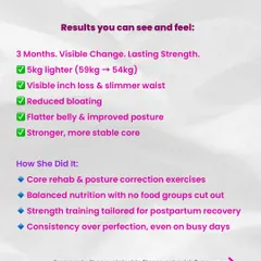 Here are the results you can see and feel. In three months, this client was 5kg lighter with a slimmer waist, reduced bloating, and a stronger, more stable core. This progress is built on sustainable habits.
