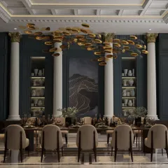 This dining room is designed as a jewel box for entertaining. A cascading gold chandelier illuminates the rich, dark walls and neoclassical columns, creating a dramatic and opulent setting for memorable meals.