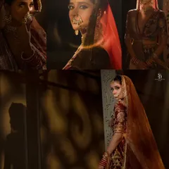 A collage showcasing different moods of a bride in a rich, red lehenga. I used dramatic lighting and shadows to create a cinematic feel, highlighting the intricate embroidery and the actress's expressive poses.