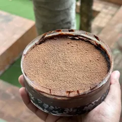 Another shot of the Dream Cake, a single-serve dessert that's perfect for indulging. The top layer of cocoa powder hides all the chocolatey goodness beneath.