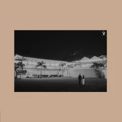 A minimalist black and white shot of a couple walking across a lawn at night. The vast empty space and the distant building create a cinematic and slightly mysterious feel.