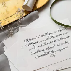 Your wedding vows are more than just words; they're heartfelt promises. It is an honor to bring these emotions to life, crafting a keepsake on beautiful paper that is as timeless as your love.