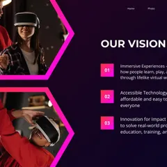 This slide details our vision for VR, which includes creating immersive experiences, making the technology accessible, and using it to solve real-world problems.