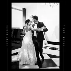 A timeless black and white photo of the first dance, titled "First Dance". It captures the classic elegance of the moment, making it feel like a scene from an old Hollywood movie.