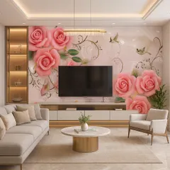 A romantic and elegant TV wall design using a 5D wallpaper with large pink roses. The soft colors and detailed artwork add a touch of sophistication to the living room.