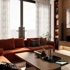 Another view of the living room, highlighting the connection between the seating area and the custom wooden entertainment wall. The layout is planned for easy conversation and a comfortable viewing experience.