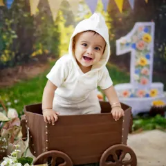 A happy first birthday boy in a rustic, outdoor-themed setup. The wooden cart and "1" sign create a charming scene for his celebration.