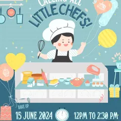 Calling all little chefs. This poster was for our special Father's Day workshop, where kids got to bake up a sweet surprise. We host themed workshops for kids regularly.