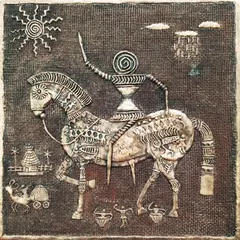 A close-up of the traditional horse relief panel, showing the detailed patterns and textures that give the piece its unique, rustic charm.