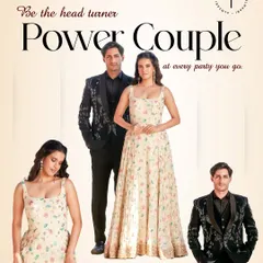 Be the head-turner power couple at every party. This graphic shows how we pair a sleek, embroidered tuxedo for him with an elegant floral gown for her, ensuring you both shine.