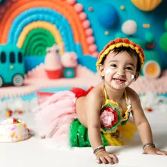 Look at that happy, messy face! Our cake smash sessions are all about pure joy and celebration. We create colorful, fun backdrops like this rainbow theme to make your baby's first birthday shoot unforgettable.