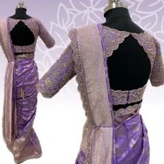 The full front and back view of the lavender pre-draped saree and blouse, showing the intricate cutwork on the back.