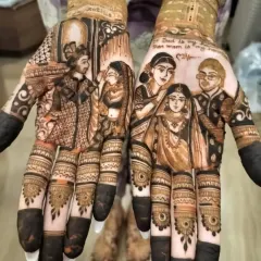This is a very personal design, showing the bride's varmala ceremony on one palm and a portrait with her parents on the other. I work from photos to capture these special relationships and moments.