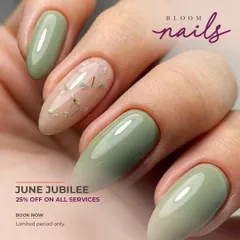 Announcing a past June Jubilee offer. The image showcases a beautiful sage green manicure with a dried flower accent nail, a perfect example of the quality services on offer.