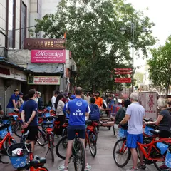 Our guide briefs a group including our partners from KLM during a World Bicycle Day ride. These collaborations help us spread the message of sustainable mobility.