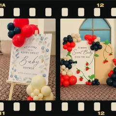A unique "A Berry Sweet Baby" shower theme. The decor features a welcome easel and a custom backdrop decorated with balloon "berries" in red and navy blue.