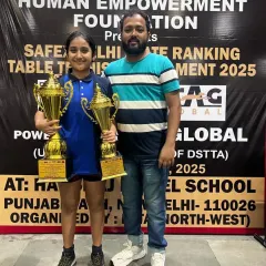 Akanksha Singhal with our coach after securing both Gold and Silver medals at the Delhi State Ranking Tournament. Her performance in the U-15 and U-17 girls' categories was a testament to her skill and versatility.