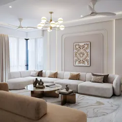 An overhead 3D view of the same living room, highlighting the layout, the abstract patterned rug, and the sophisticated, timeless atmosphere.