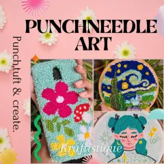 This collage showcases the versatility of punch needle art. I can make anything from textured phone cases to detailed hoop art, like this recreation of Van Gogh's "Starry Night".