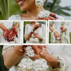A collage focusing on the bride's beautiful floral jewelry and henna-covered hands during her Haldi ceremony.