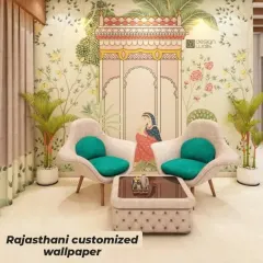 A modern interpretation of Rajasthani art, this wallpaper features a beautiful archway and floral motifs. It blends traditional Indian aesthetics with a contemporary color palette for a fresh, stylish look.
