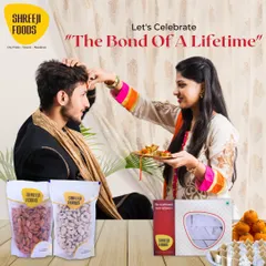 This Raksha Bandhan poster shows the beautiful tradition of a sister tying a rakhi. I offer complete gift sets for the occasion, including my Kaju Katli, Motichoor Laddoos, and packs of premium dry fruits.
