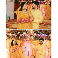 A collage from a Haldi ceremony, showing the couple posing together and holding a "Haldi" sign.