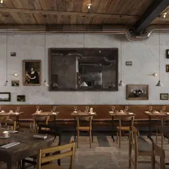 We achieved a rustic, vintage ambiance in this restaurant through the use of unfinished walls, a wooden ceiling, and classic furniture. The gallery wall and warm, low-level lighting create an intimate and historic feel for diners.