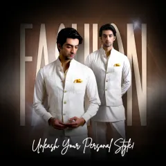 "Unleash Your Personal Style." This graphic, featuring an elegant all-white Nehru jacket set, is a call to embrace your individuality through timeless and cultured fashion.