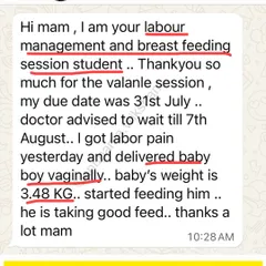 A mother from my labour management and breastfeeding session shares her joy of delivering a healthy 3.48kg baby boy vaginally. It is so rewarding to know she felt prepared and that her baby started feeding well right away.