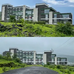 The completed Venkateshwar World School in Pune, nestled into the hillside. The final structure stays true to the design, blending seamlessly with the natural landscape while providing a modern learning environment.