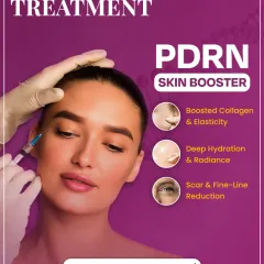 An informational graphic on my PDRN Skin Booster, also known as the Salmon DNA treatment. It highlights benefits like boosted collagen, deep hydration, and reduction in scars and fine lines.