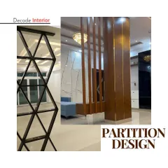 Partitions can be functional art. This collage shows two different styles: a modern geometric metal partition and a warm, wooden slat design that doubles as a decorative element.