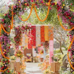 Another view of the stunning floral archway, rich with bougainvillea and marigolds, setting a festive and colorful tone right from the entrance.