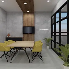 The conference room in this office follows an industrial design theme, with concrete-finish walls and a glass partition. A pop of color from the yellow chairs adds energy to the space, making it a stimulating environment for meetings.
