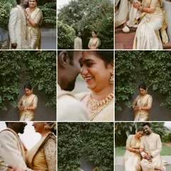 A collage telling a love story in shades of gold and green. From tender embraces to creative compositions, it captures the laughter and love of their special day.