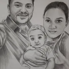 A beautiful family selfie turned into an A3 black and white portrait. I take care to position each person to create a cohesive and loving family portrait from any reference photo.