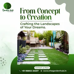 We turn concepts into creation with thoughtful hardscaping. This design features a clean pathway of white pavers set into artificial turf, leading to a comfortable and modern patio seating area.