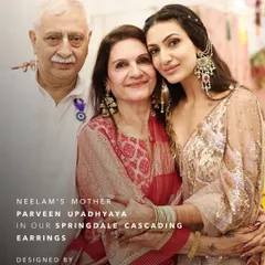 For her Mehendi, actress Neelam Upadhyaya's mother, Parveen, looked radiant in our Springdale Cascading Earrings by Tribe Amrapali. These earrings are a perfect choice for family celebrations.
