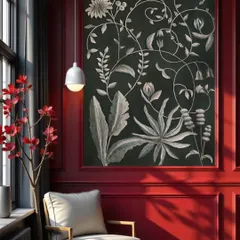 This 3D texture art was created on a board and fitted into a wall frame, making it a stunning centerpiece. The contrast of the white botanicals against the bold red wall creates a dramatic and luxurious effect.