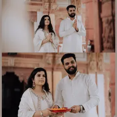 More moments from the temple shoot, including a shot of the couple with a puja thali, signifying blessings for their new beginning.