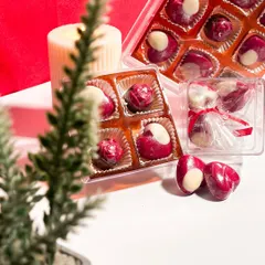My special heart shaped chocolates with a red velvet flavor, perfect for Valentine's Day gifting. They come in various box sizes, from a small pack of two to a larger box of twelve.