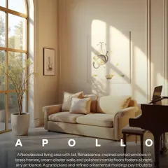 Inspired by Apollo, this AI-generated neoclassical living area is filled with light and music. Tall, arched windows, cream plaster walls, and a grand piano create a bright, airy ambiance that pays tribute to Apollo's legacy.