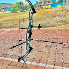 A look at the high-tech Hoyt Stratos compound bow, one of the advanced bows our competitive students train with for precision and power.