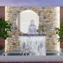 A proposed design for a Kolkata project, focusing on a tranquil water feature with a cascading waterfall, a stone-clad wall, and a peaceful Buddha statue.