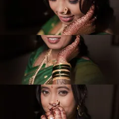 A close-up collage of the Maharashtrian bride. These shots highlight her traditional nose ring (nath), green bangles, and the beautiful henna on her hands.