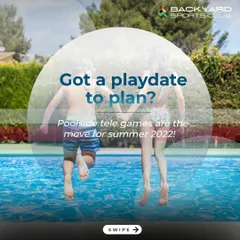 A graphic inviting parents to plan their kids' playdates at our club, specifically mentioning poolside tele-games for summer fun.