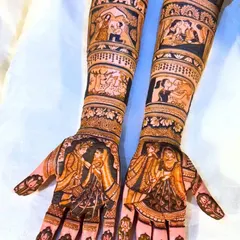 Your entire love story, from the proposal to the wedding day, drawn on your arms. This narrative bridal mehndi includes multiple scenes, creating a beautiful timeline of your journey together.