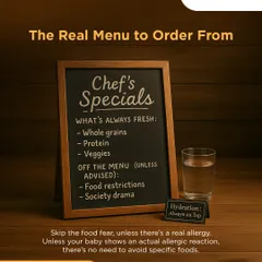 Here is the real menu you should order from: whole grains, protein, and veggies. What's off the menu unless advised by a doctor? Food restrictions and societal drama.