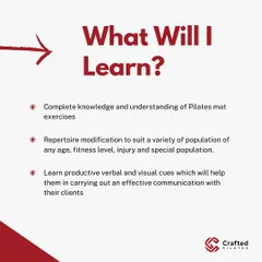 What will you learn? This graphic summarizes the key takeaways from the course, including a complete understanding of mat exercises, modification techniques, and effective verbal and visual cueing.
